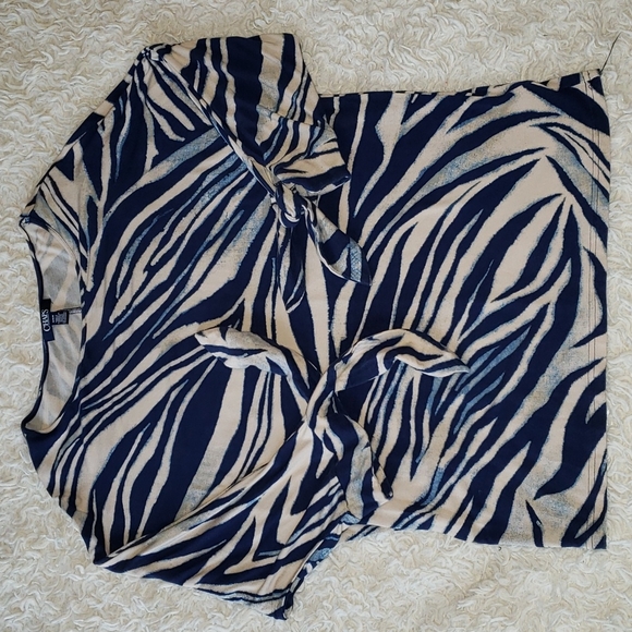 Chaps Pullover Blue Cream Print Blouse Tie Sleeves Medium - Picture 3 of 12